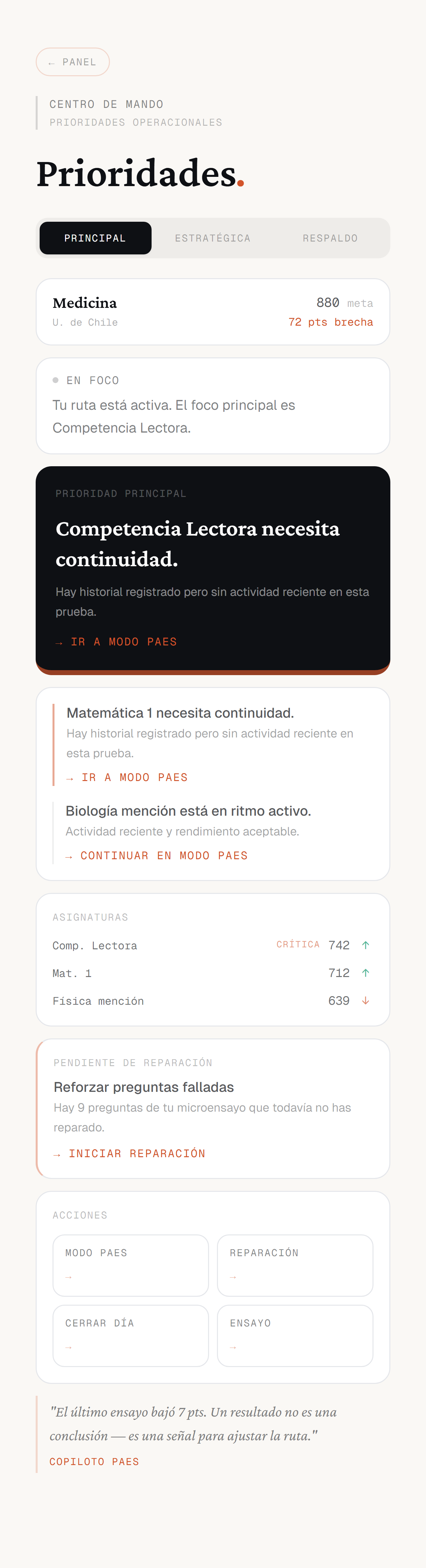 Ruta PAES · Prioridades — ruta Principal